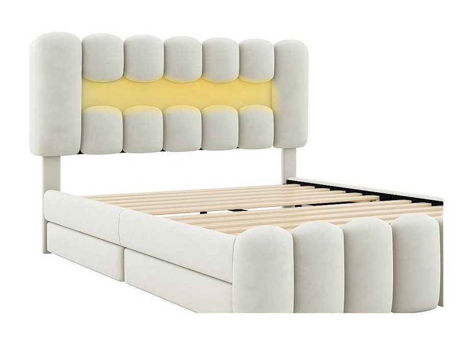 ModernLuxe Fluwelen Bed | Gestoffeerd Bed 140X200Cm Met 4 Lades - Met Led + Usb Oplaadpoort + Lezer - Beige