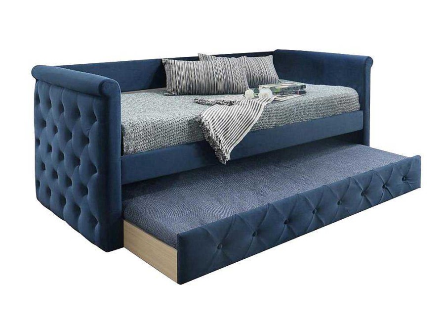 Vente-unique Bed Met Slaaplade | Gewatteerde Slaapbank Louise - 2 X 90 X 190 Cm - Stof Blauw