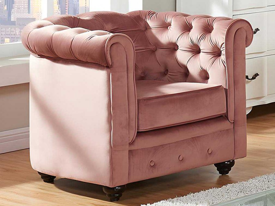 Vente-unique Set Zitbank + Fauteuil | Driezitsbank En Fauteuil Chesterfield - Fluweel - Pastel Roze