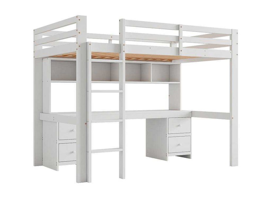 Vente-unique Kinderbed Hoogslaper | Hoogslaper 90 X 200 Cm Met Bureau, Boekenkast, Lades En Ladder, Mdf Hout, Wit