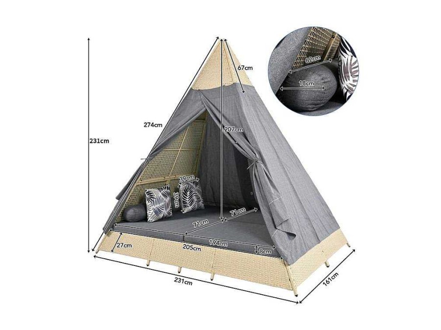 ModernLuxe Ligstoel | Tuinbed - Rotan Tent Voor 2 Personen - Met Gordijn En Kussens - Beige