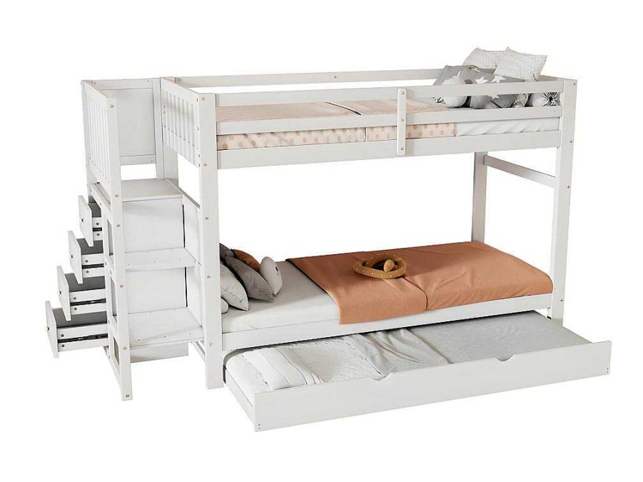 ModernLuxe Kinderbed Stapelbed | Stapelbed Met Onderschuifbed - Massief Grenenhout - 3X90X200 Cm - Opbergtrap Met 4 Lades - Veiligheidsbarrieres - Wit