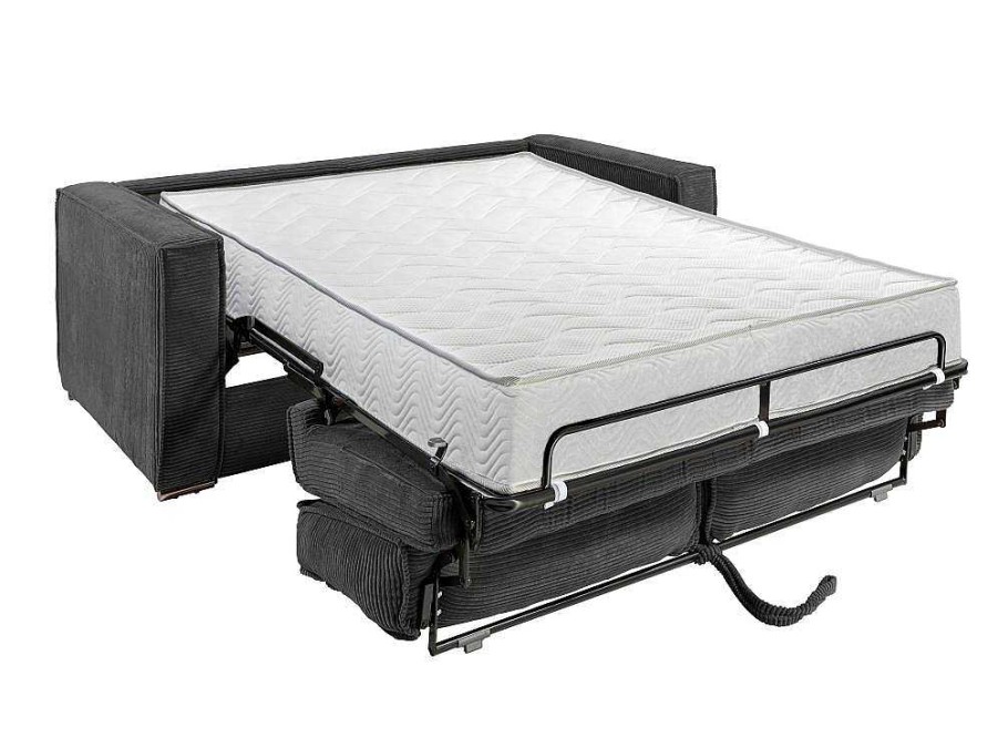 Vente-unique Slaapbank Met Matras | Omkeerbare Driezits-Express-Slaapbank Van Antracietkleurig Ribfluweel - Bed 140 Cm - Matras 22 Cm Loreto