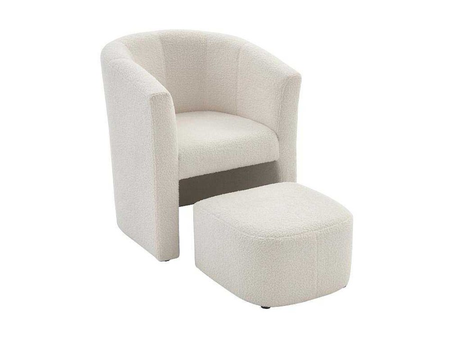 Vente-unique Fauteuil Met Holle Rugleuning | Fauteuil Met Holle Rugleuning En Poef In Witte Bouclestof Jovana