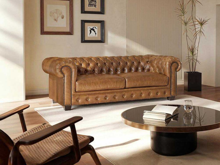 LINEA SOFA Chesterfield Zitbank | Chesterfield 3-Zitsbank Brenton 100% Buffelleer - Vintage Caramel