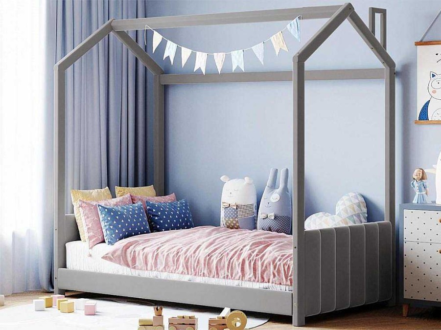 ModernLuxe Fluwelen Bed | Kinderhutbed 90X200Cm In Fluweel - Lattenbodem - Grijs