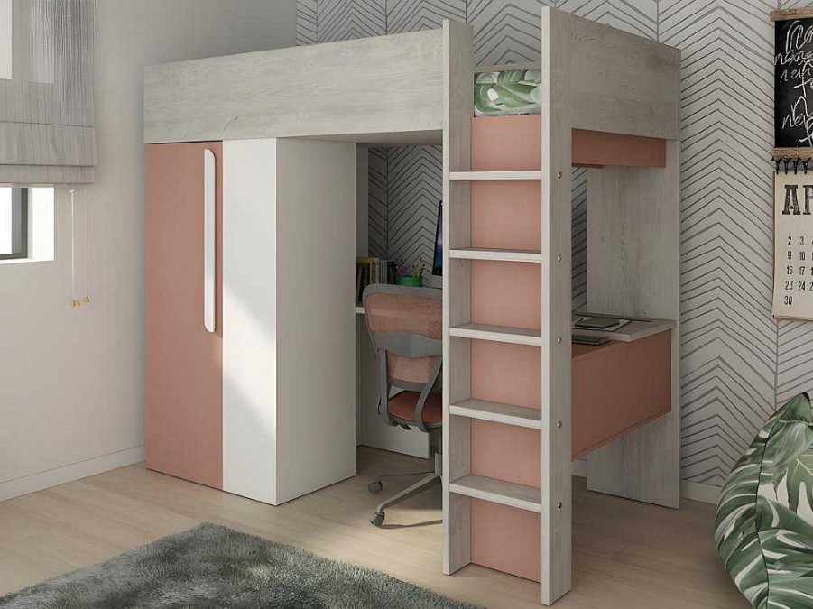 Vente-unique Kinderbed Hoogslaper | Hoogslaper - 90 X 200 Cm - Met Kast En Bureau - Roze En Wit + Matras -Nicolas