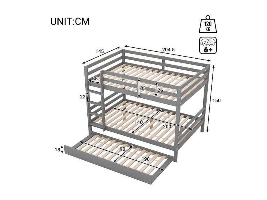 Vente-unique Kinderbed Stapelbed | Stapelbedden 140 X 200 Cm Met Onderschuifbed 90 X 200 Cm - Balustrade En Trap - Mdf Hout - Grijs