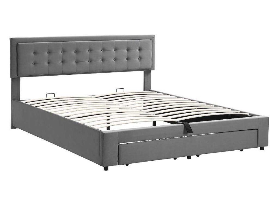 ModernLuxe Fluwelen Bed | Gewatteerd Opbergbed 160X200Cm In Fluweel Met Lade + Lattenbodem - Grijs (Zonder Matras)