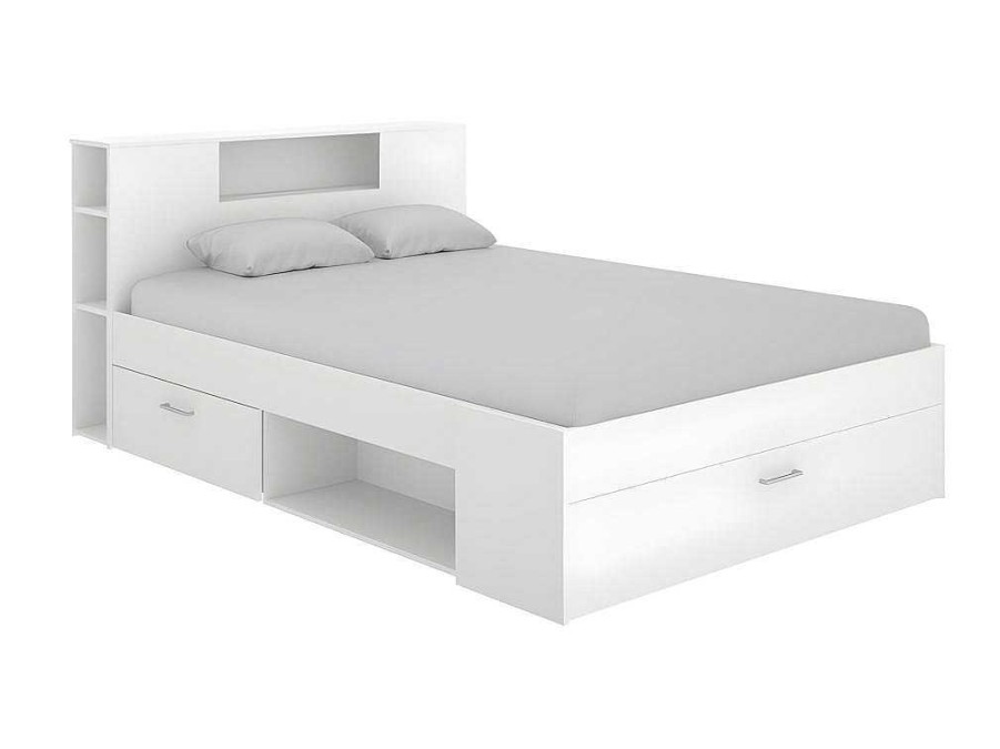 Vente-unique Tweepersoonsbed | Bed Leandre Met Hoofdeinde, Opbergruimte En Lades - 140 X 190 Cm - Kleur: Wit