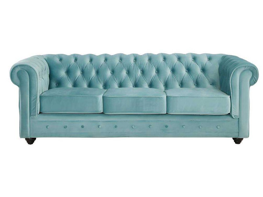 Vente-unique Bankstel 3+2 | Drie- En Tweezitsbank Van Pastelblauw Velours Chesterfield