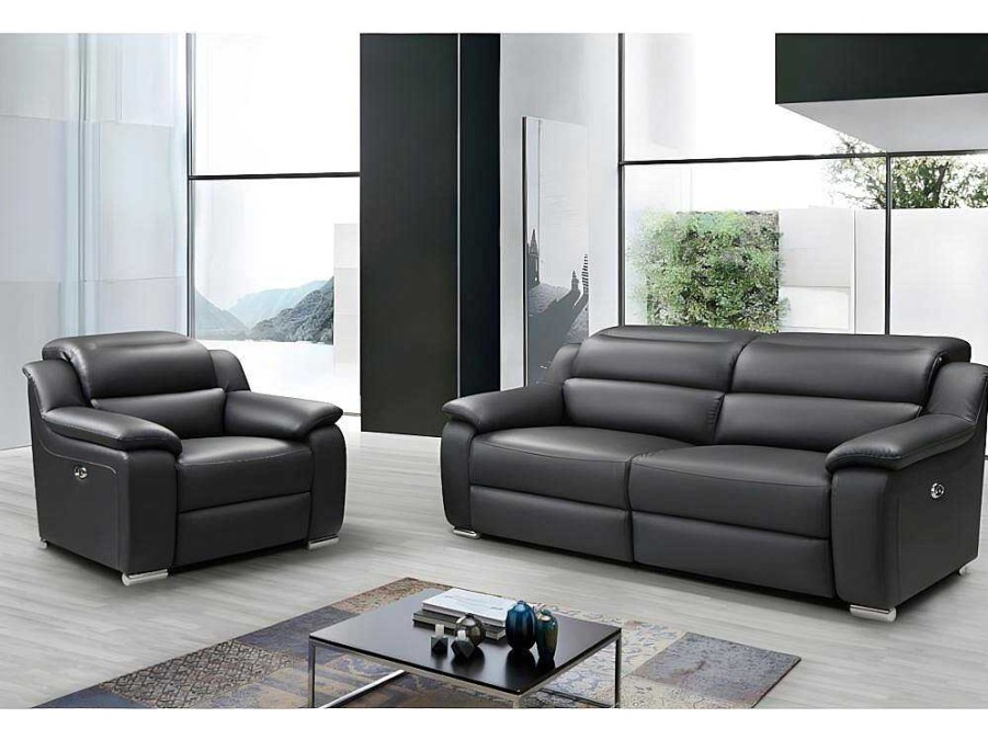 Vente-unique Set Zitbank + Fauteuil | Elektrische 3-Zitsrelaxbank Arena Iii Van Leer - Noir