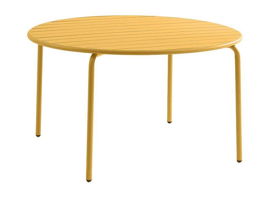 MYLIA Tuinset | Tuineethoek Van Metaal - Een Tafel D110 Cm En 4 Opstapelbare Stoelen - Mosterdgeel - Mirmande Van Mylia