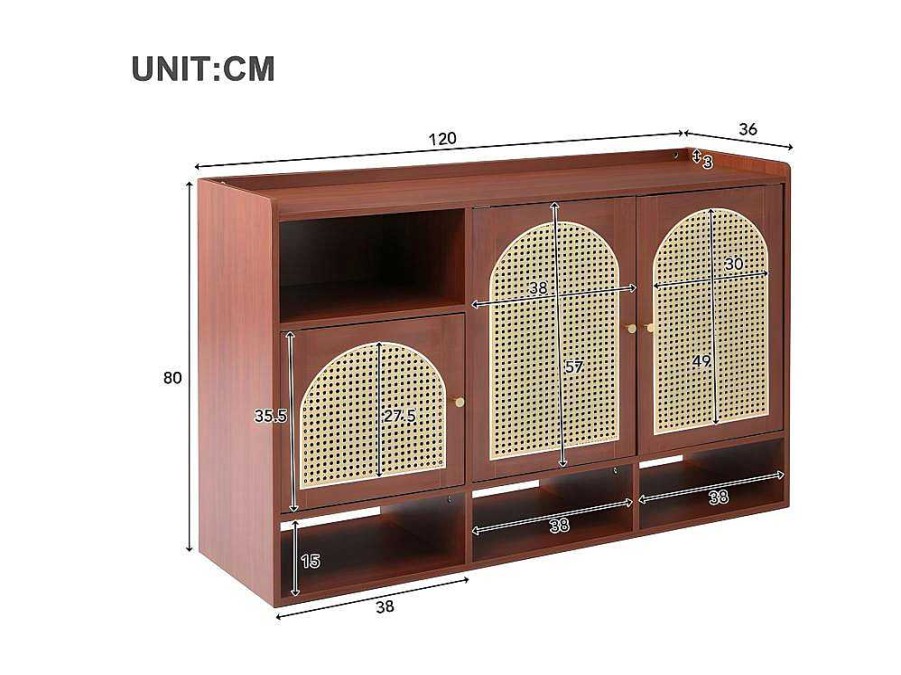 ModernLuxe Schoenenkast | Rotan Opbergmeubel - 3 Gebogen Rotan Deuren En 4 Open Opbergruimtes - Bruin