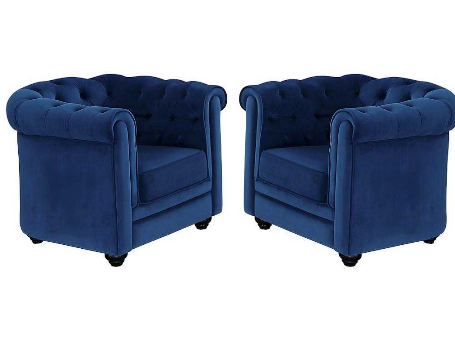 Vente-unique Fauteuil Stof | Set Van 2 Fauteuils Chesterfield - Fluweel - Konings Blauw