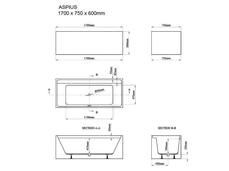 Shower & Design Vrijstaand Bad | Rechthoekig Eilandbad - 280 L - 170 X 75 X 60 Cm - Wit - Acryl - Aspius