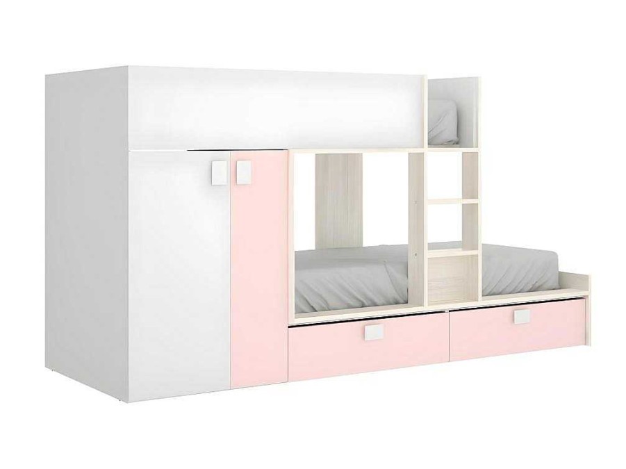 Vente-unique Kinderbed | Stapelbed Juanito Met Ingebouwde Kast En Opbergruimte - 2X90X190Cm - Wit, Eiken En Roze