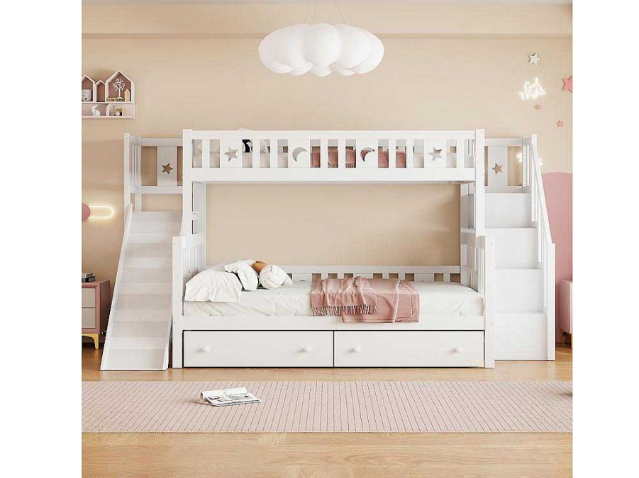 Vente-unique Kinderbed Stapelbed | 2-Zits Stapelbed Met Glijbaan En Planken - 90 X 200 Cm + 140 X 200 Cm - Wit - Anthony