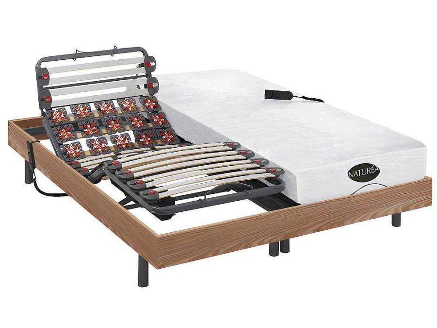 NATUREA Elektrisch Relaxatiebed | Verstelbaar Relaxbed Met Contactplaatjes En Latten En Matras Met Vormgeheugen En Bamboe Damysos Van Naturea - Motors Okin - 2X90X200 Cm - Eiken