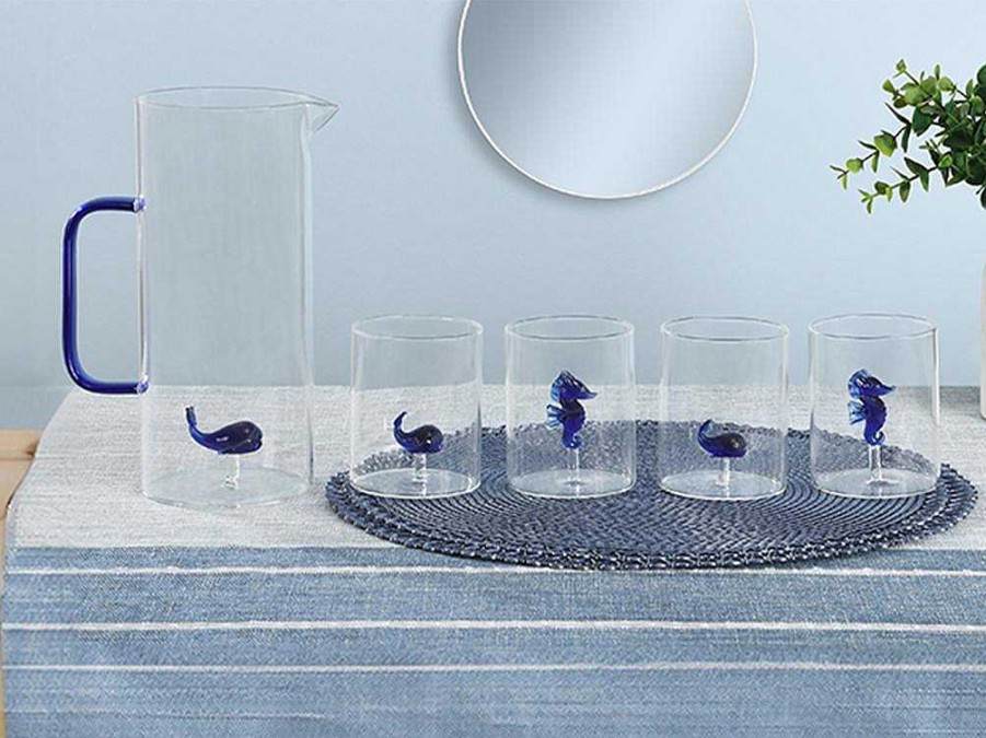 OZAIA Glas | Set Van 4 Glazen Met Walvissen En Zeepaardjes - Transparant En Blauw - O7,5 X H9,5 Cm - Parasa