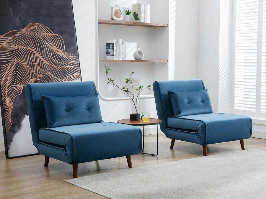 Vente-unique Uitklapbare Fauteuil | Slaapfauteuil Van Nachtblauw Velours Uribia