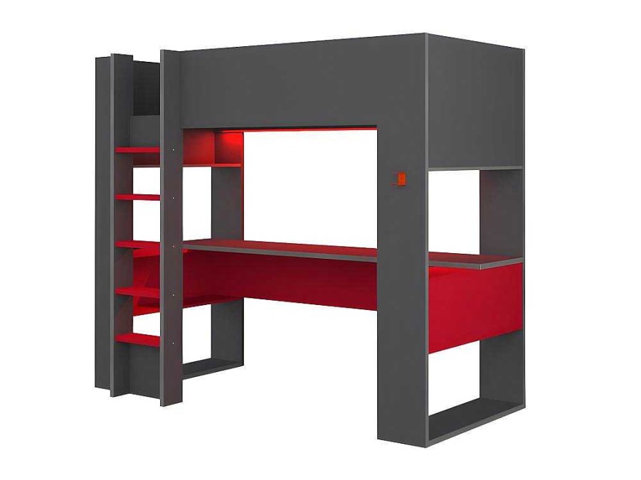 Vente-unique Kinderbed Hoogslaper | Hoogslaper Gamer Noah Met Bureau En Opbergruimtes - 90 X 200 Cm - Met Led'S - Antraciet En Rood + Matras