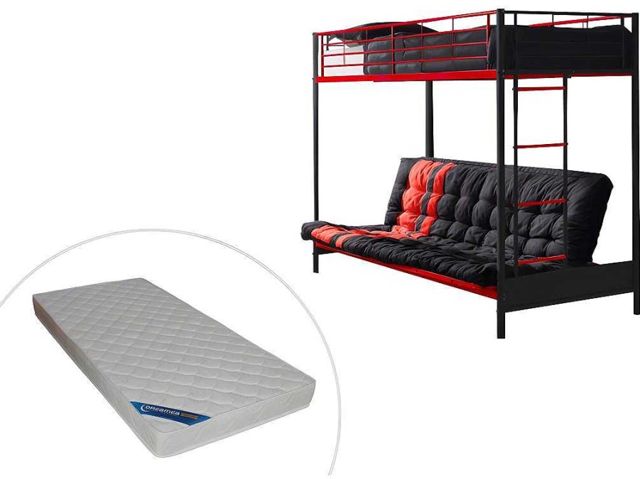 Vente-unique Kinderbed Hoogslaper | Hoogslaper 90 X 190 Cm - Met Slaapbank - Metaal - Zwart En Rood + Futon + Matras - Modulo V