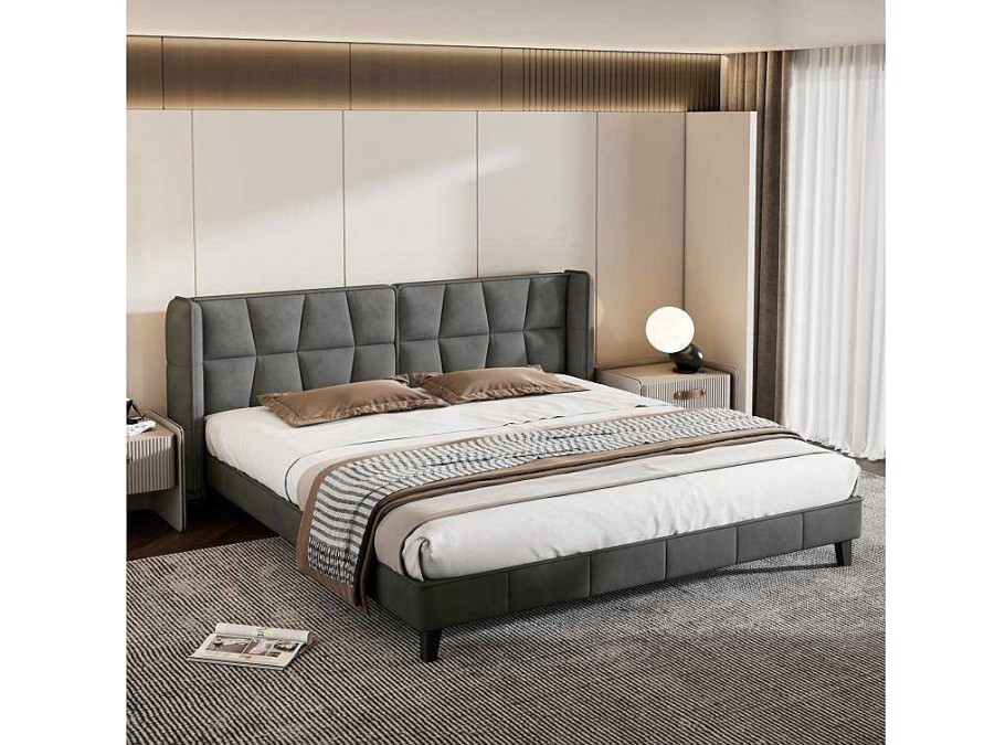 ModernLuxe Fluwelen Bed | Gestoffeerd Bed 160X200Cm In Fluweel Met Lattenbodem - Grijs