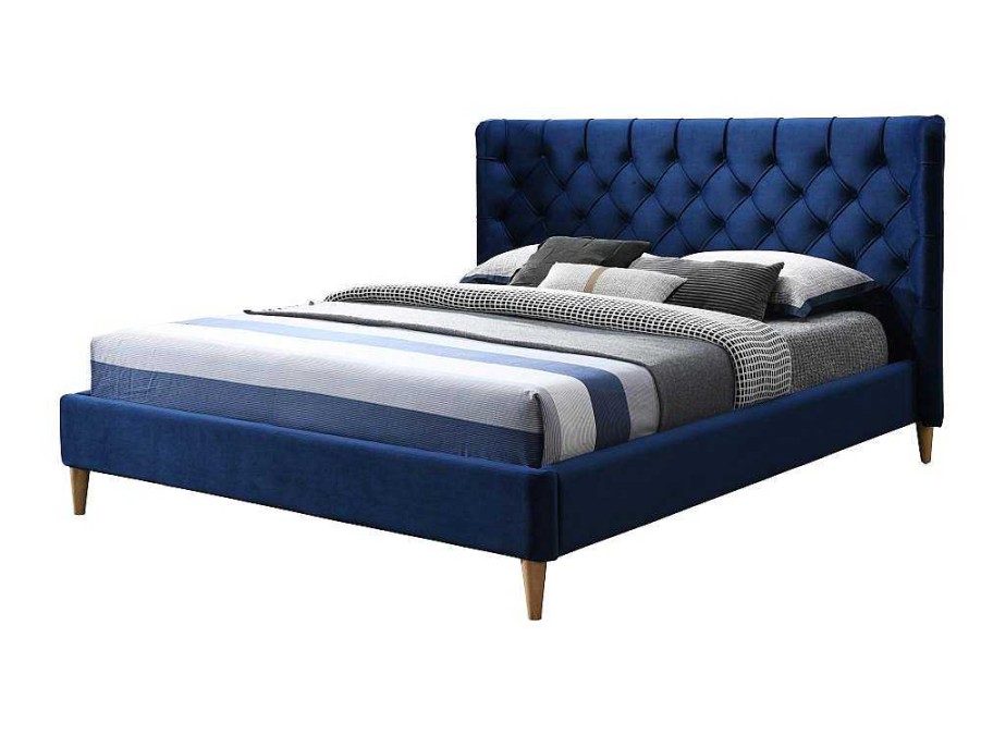 Vente-unique Fluwelen Bed | Bed 140 X 190 Cm Met Hoofdbord Met Capitonnage - Velours - Koningsblauw - Enodi