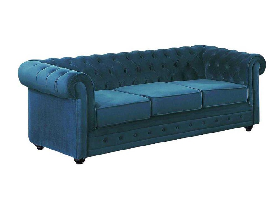 Vente-unique Chesterfield Zitbank | Driezitsbank Chesterfield Fluweel - Eend Blauw