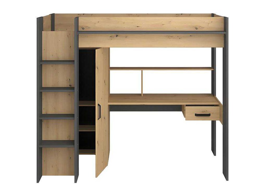 Vente-unique Kinderbed Hoogslaper | Hoogslaper Met Bureau En Kast - 90X200Cm - Naturel En Antraciet - Auckland