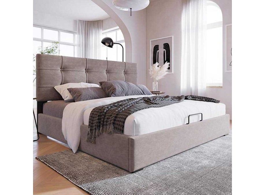 ModernLuxe Fluwelen Bed | Opbergbed 140X200Cm - Stof Fluweel - Met Verstelbaar Hoofdeinde + Lattenbodem - Grijs