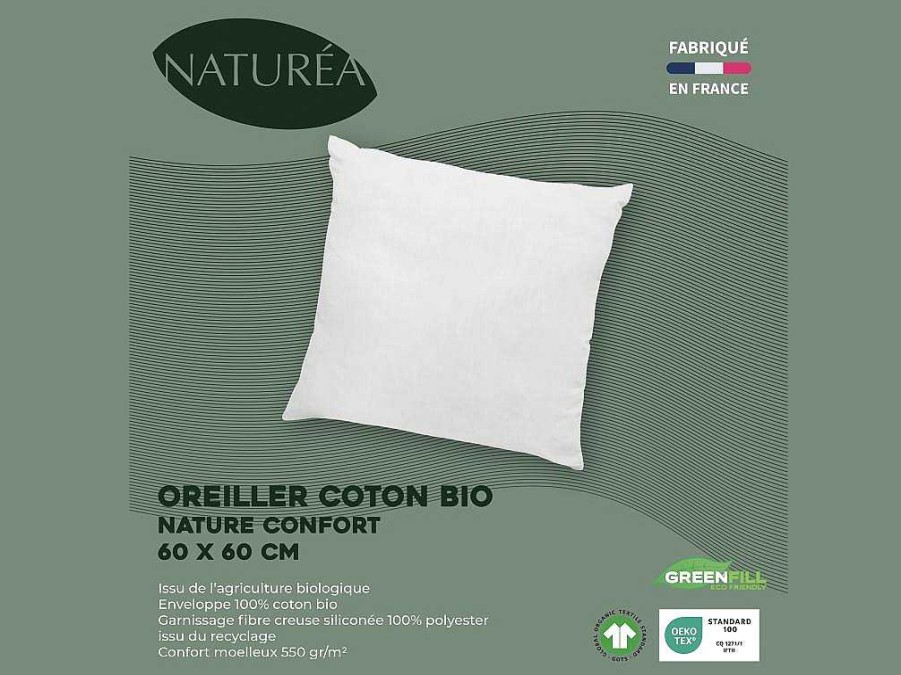 NATUREA Hoofdkussen | Set Van 2 Hoofdkussens Van Biologisch Katoen 60 X 60 Cm Van Naturea - 550 G/M - Bruine Bies - Nature Confort