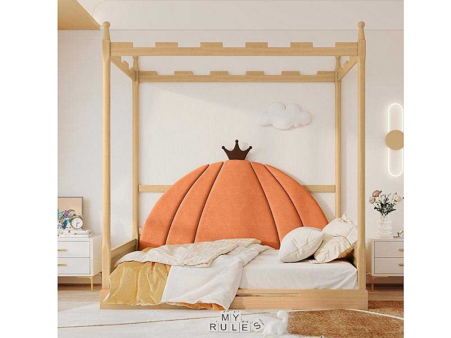 ModernLuxe Kinderbed | Onderschuifbed 140X200Cm In Massief Grenen - Fluwelen Hoofdeinde - Oranje & Wit