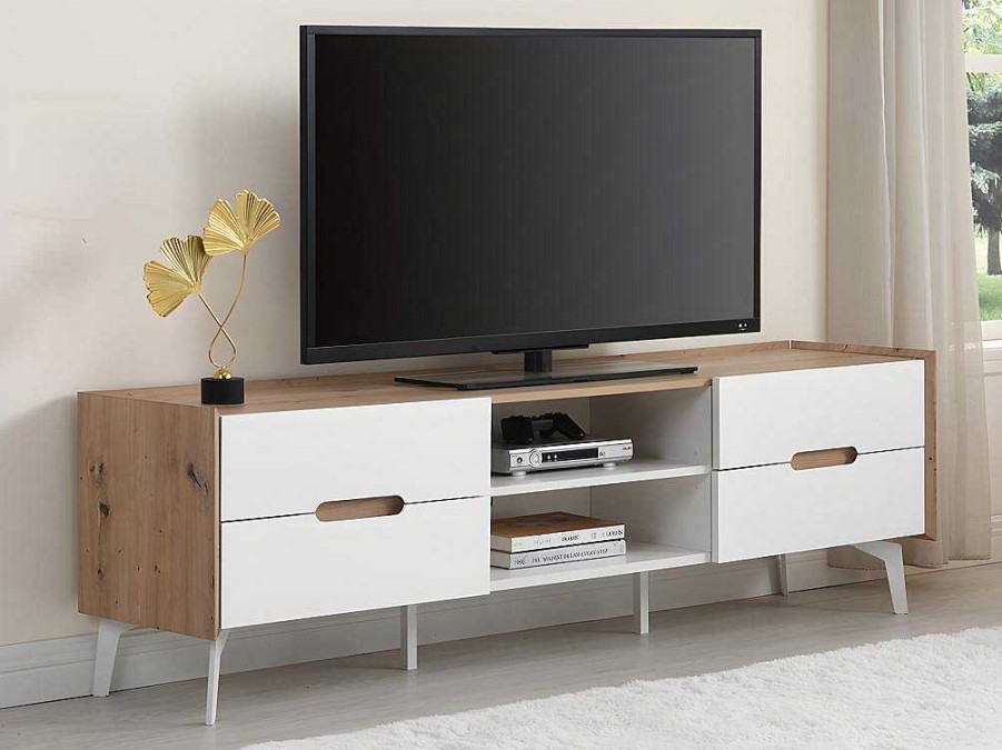 Vente-unique Tv-Meubel | Tv-Meubel Met 4 Lades En 2 Nissen - Mdf & Metaal - Witgelakt & Naturelkleur - Cayana