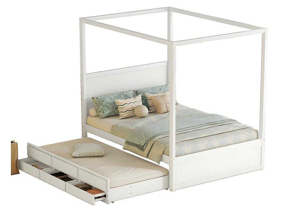 ModernLuxe Bed Met Slaaplade | Volwassen Bed 140X200Cm - Hemelbed Met Onderschuifbed En 3 Lades - Wit