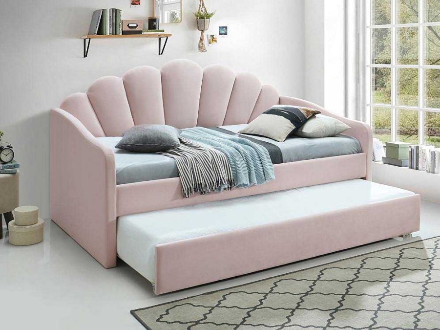 Vente-unique Bed Met Slaaplade | Uitschuifbaar Bed 2 X 90 X 190 Cm - Velours - Roze - Elusia