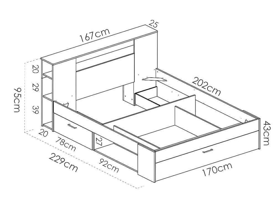 Vente-unique Tweepersoonsbed | Bed Leandre Met Hoofdeinde, Opbergruimte En Lades - 160 X 200 Cm - Kleur: Wit