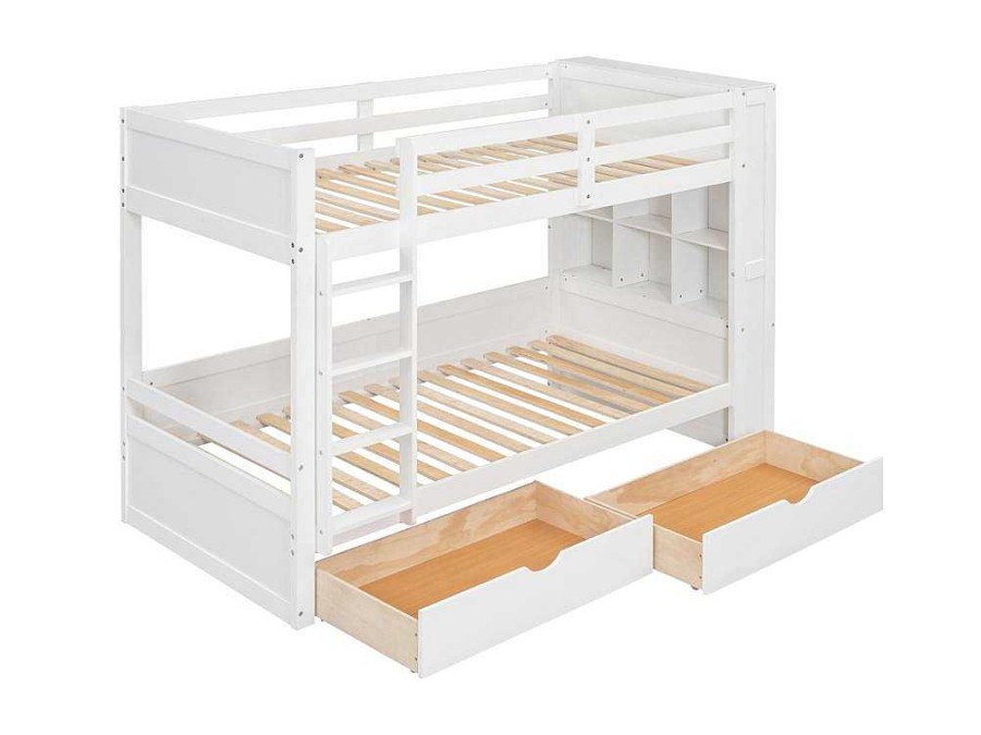 Vente-unique Kinderbed Stapelbed | Stapelbedden 2 X 90 X 200 Cm Voor Kinderen - 2 Laden + 6 Vakken + Planken - Mdf Hout - Wit