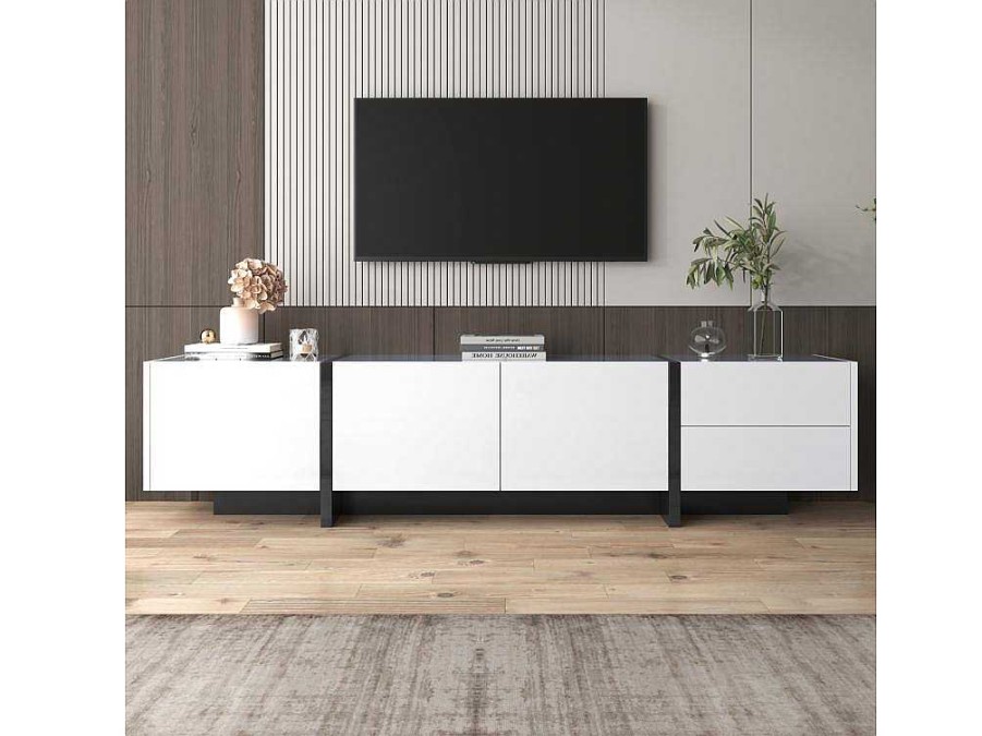 ModernLuxe Tv-Meubel | Modern Tv-Meubel 190Cm Met 3 Deuren En 2 Lades - Glanzend Wit & Zwart