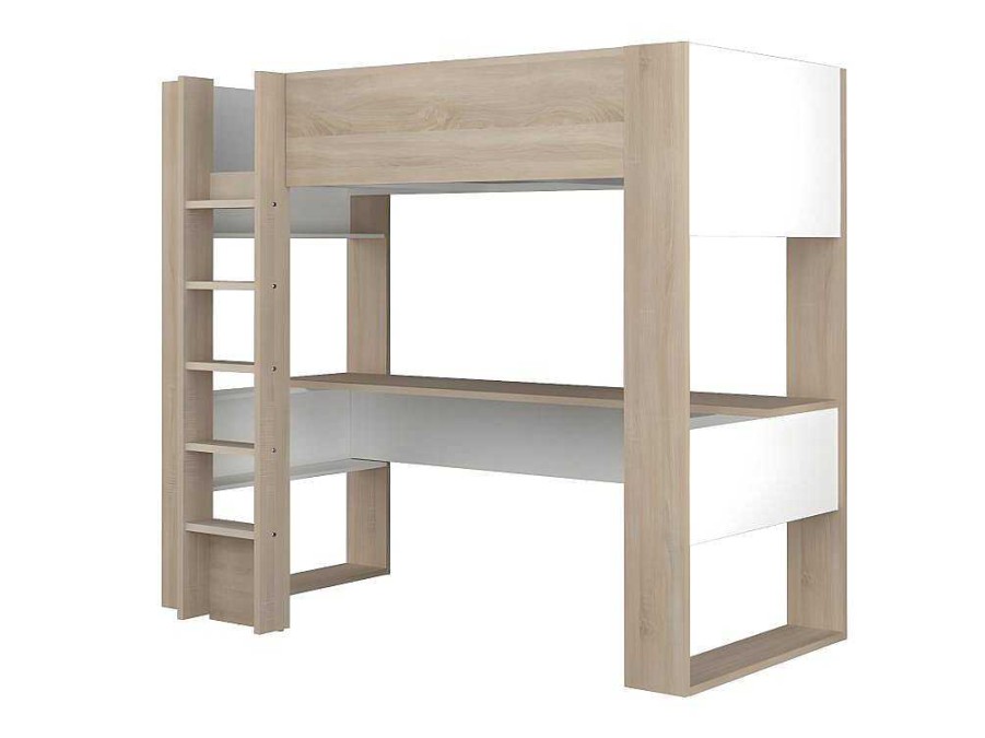 Vente-unique Kinderbed Hoogslaper | Hoogslaper Met Bureau En Opbergruimte - 90 X 200 Cm - Eik En Wit + Matras - Noah Ii