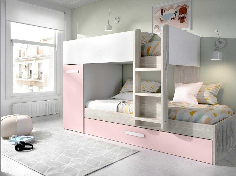 Vente-unique Kinderbed Stapelbed | Stapelbed Met Opbergruimtes 3 X 90 X 190 Cm - Wit, Naturel En Roze - Met Matras - Anthony