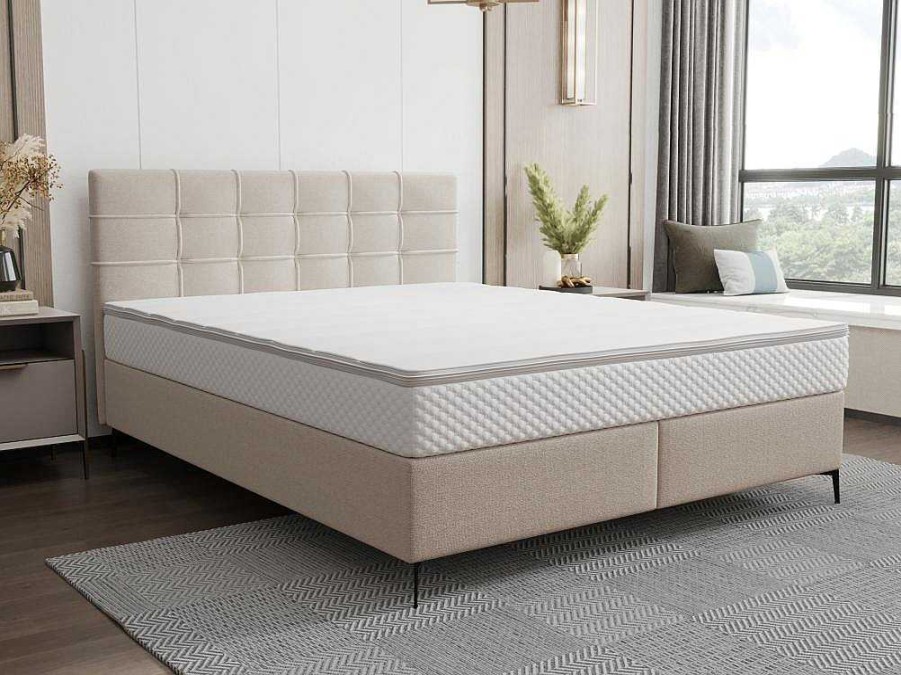 Ysmée Boxspringbed | Complete Set Met Boxspring En Gecapitonneerd Hoofdbord + Bedbodem + Matras + Topmatras - 180 X 200 Cm - Stof - Beige - Inao Van Ysmee