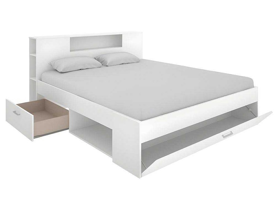 Vente-unique Tweepersoonsbed | Bed Leandre Met Hoofdeinde, Opbergruimte En Lades - 140 X 190 Cm - Kleur: Wit