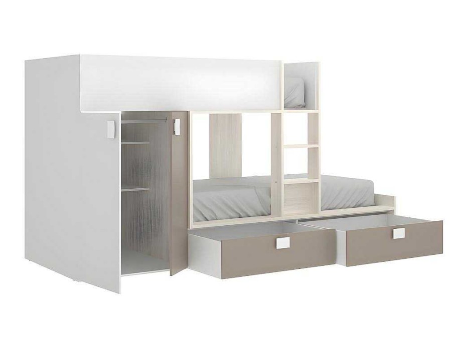 Vente-unique Kinderbed | Stapelbed Juanito Met Ingebouwde Kast En Opbergruimte - 2X90X190Cm - Wit, Eiken En Taupe