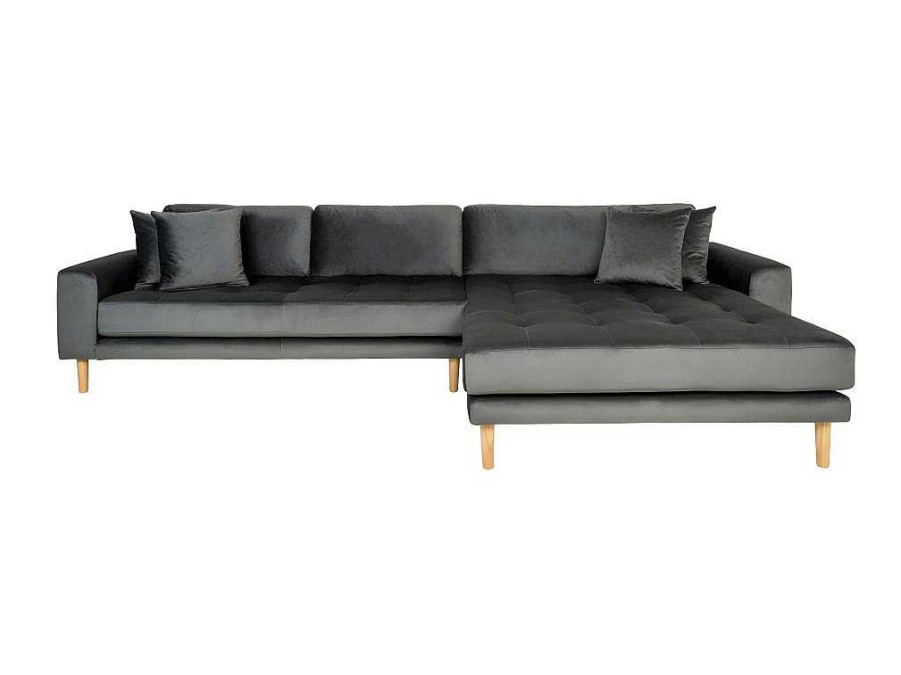 House Nordic Hoekbank | Lido Chaiselong Sofa Rechts Met 4 Kussens, Velour Grijs.