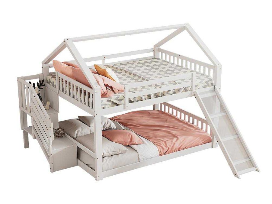 Vente-unique Kinderbed Stapelbed | Stapelbedden 140 X 200 Cm - Mdf Hout - Opbergtrap En Glijbaan - Wit