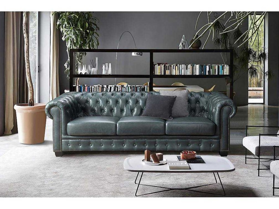 LINEA SOFA Vierzitsbank | Chesterfield Zitbank 4 Plaatsen Brenton 100% Buffelleer - Spaans Groen