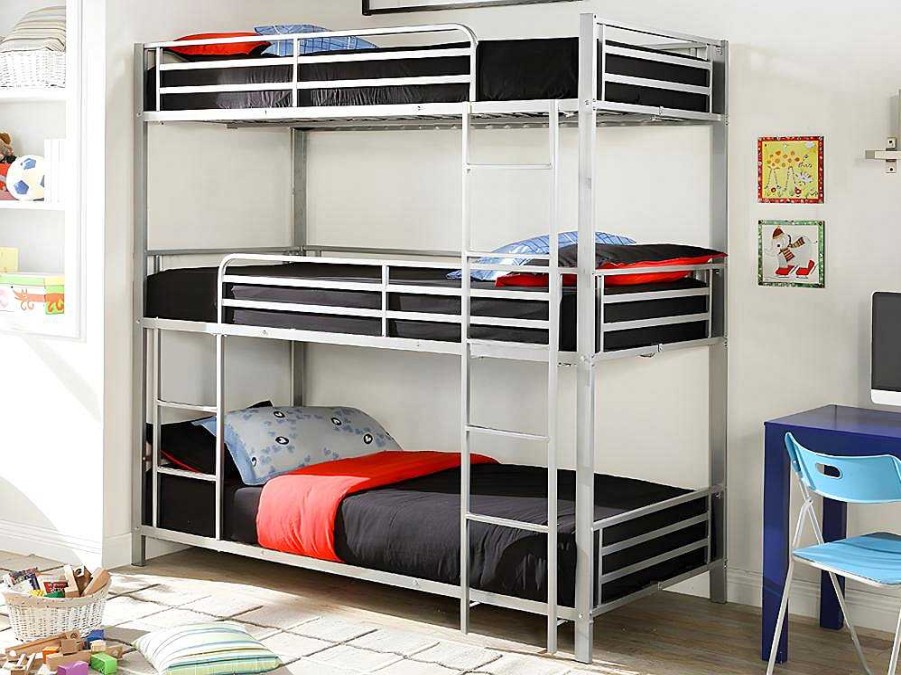 Vente-unique Kinderbed Stapelbed | Stapelbed - 3 X 90 X 190 Cm - Metaal - Zilverkleur - Met Matras - Elouan