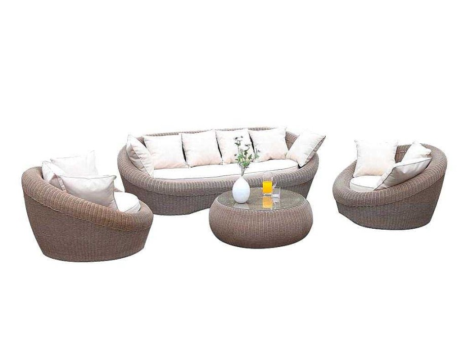 MYLIA Loungeset | Tuin Loungeset Van Karamel Gevolchten Hars - Zitbank & 2 Fauteuils & Salontafel - Whiteheaven